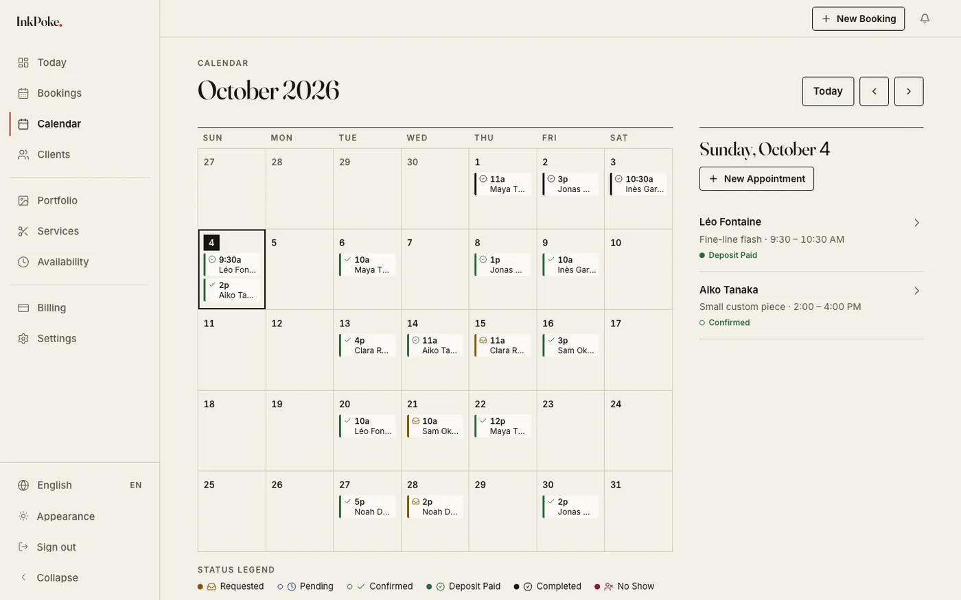Le nouveau calendrier : une grille mensuelle tracée en filets d'encre sur papier, les réservations affichées en courtes étiquettes avec l'heure et le nom du client