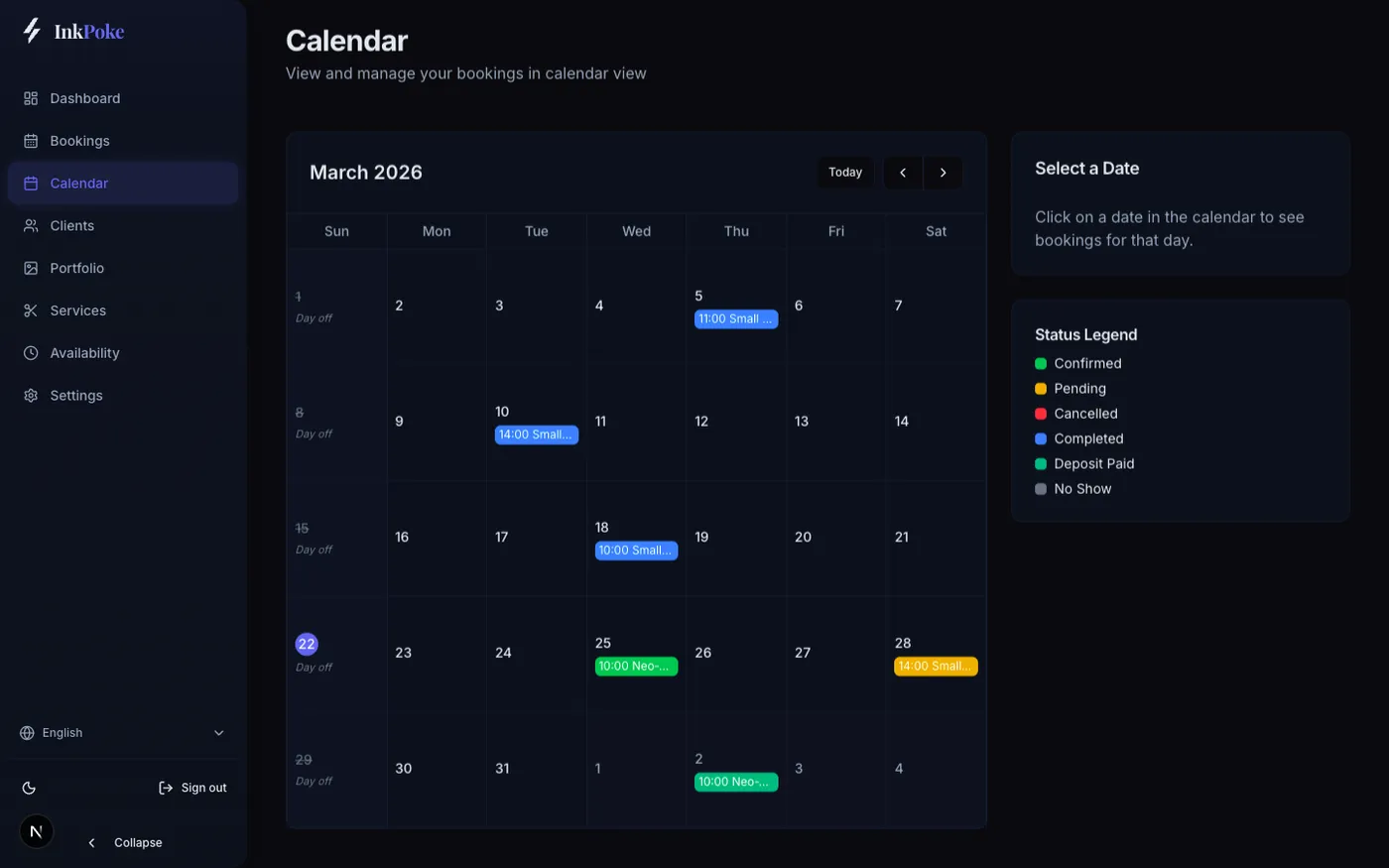 L'ancien calendrier : une grille mensuelle sombre avec des étiquettes de réservation bleues, vertes et jaunes, et une légende de couleurs