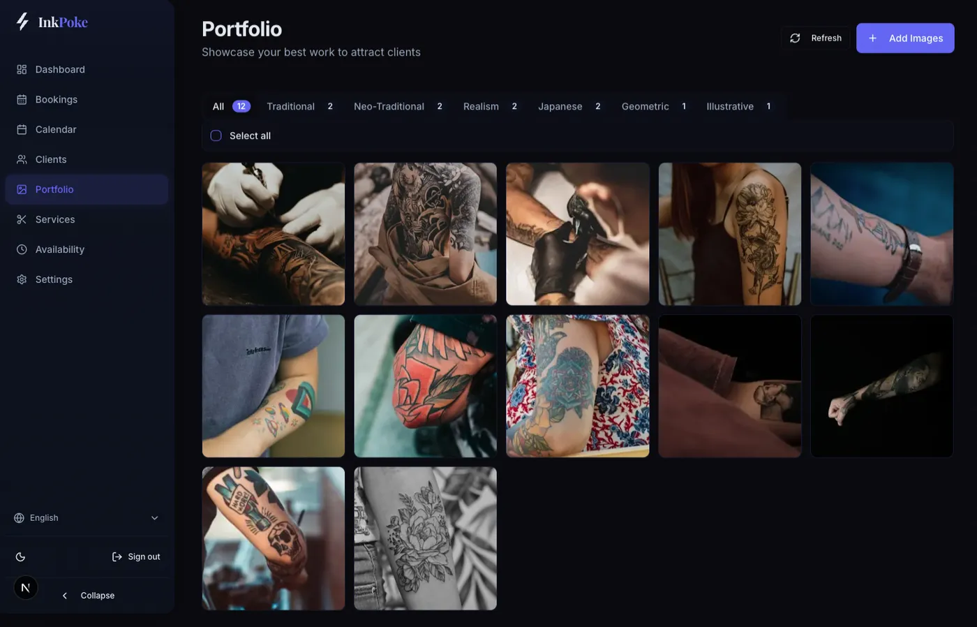 L'ancienne page portfolio : une grille de photos de tatouages sur fond sombre avec des filtres de style violets