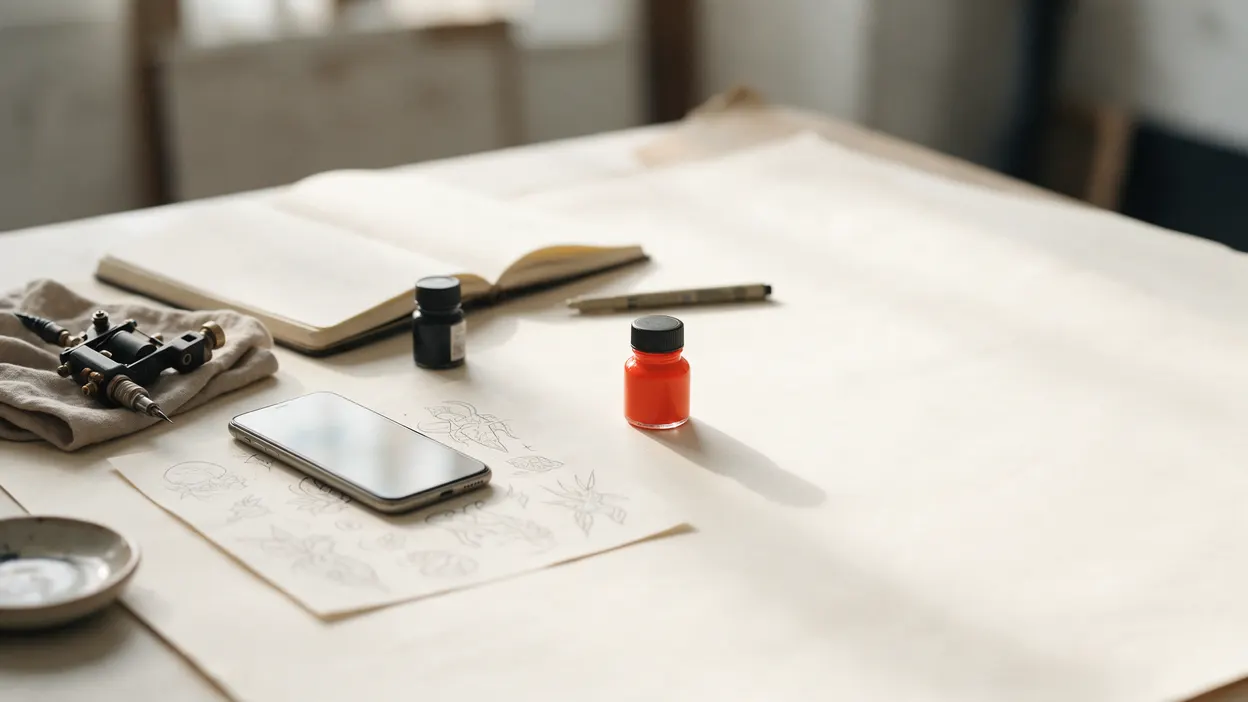 Un smartphone posé sur une planche de flash au trait fin, sur un bureau recouvert de papier, à côté d'une fiole d'encre noire et d'une fiole vermillon, d'un carnet de croquis et d'une machine à tatouer sur un linge